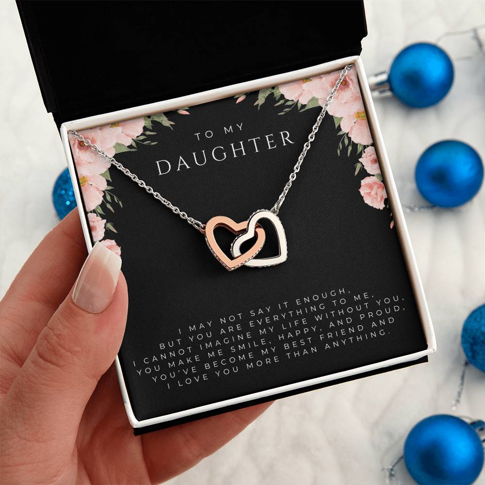 To My Daughter Interlocking Hearts Necklace (White and Yellow Gold)