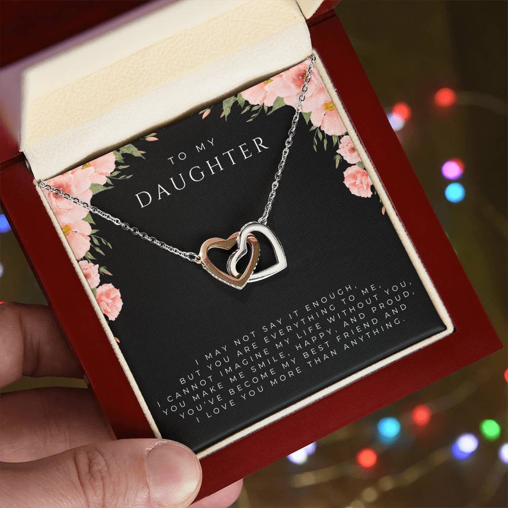 To My Daughter Interlocking Hearts Necklace (White and Yellow Gold)