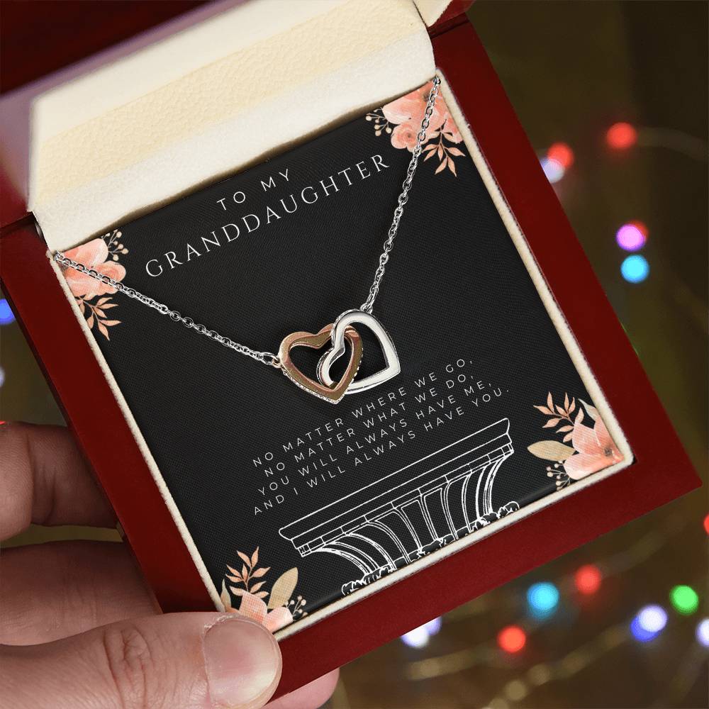 To My Granddaughter Interlocking Hearts Necklace (White and Yellow Gold)